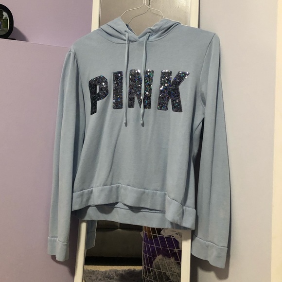 PINK light blue bedazzled logo semi-cropped hoodie size large fits like a medium - Picture 1 of 3